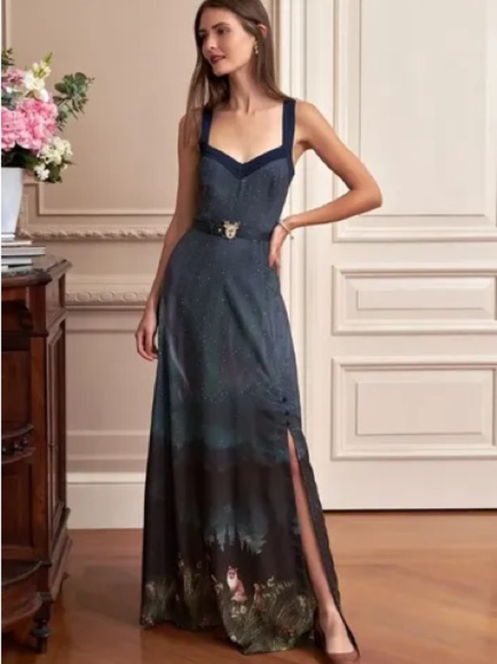 Elegant Galaxy Print Maxi Dress with Slit – Size L
